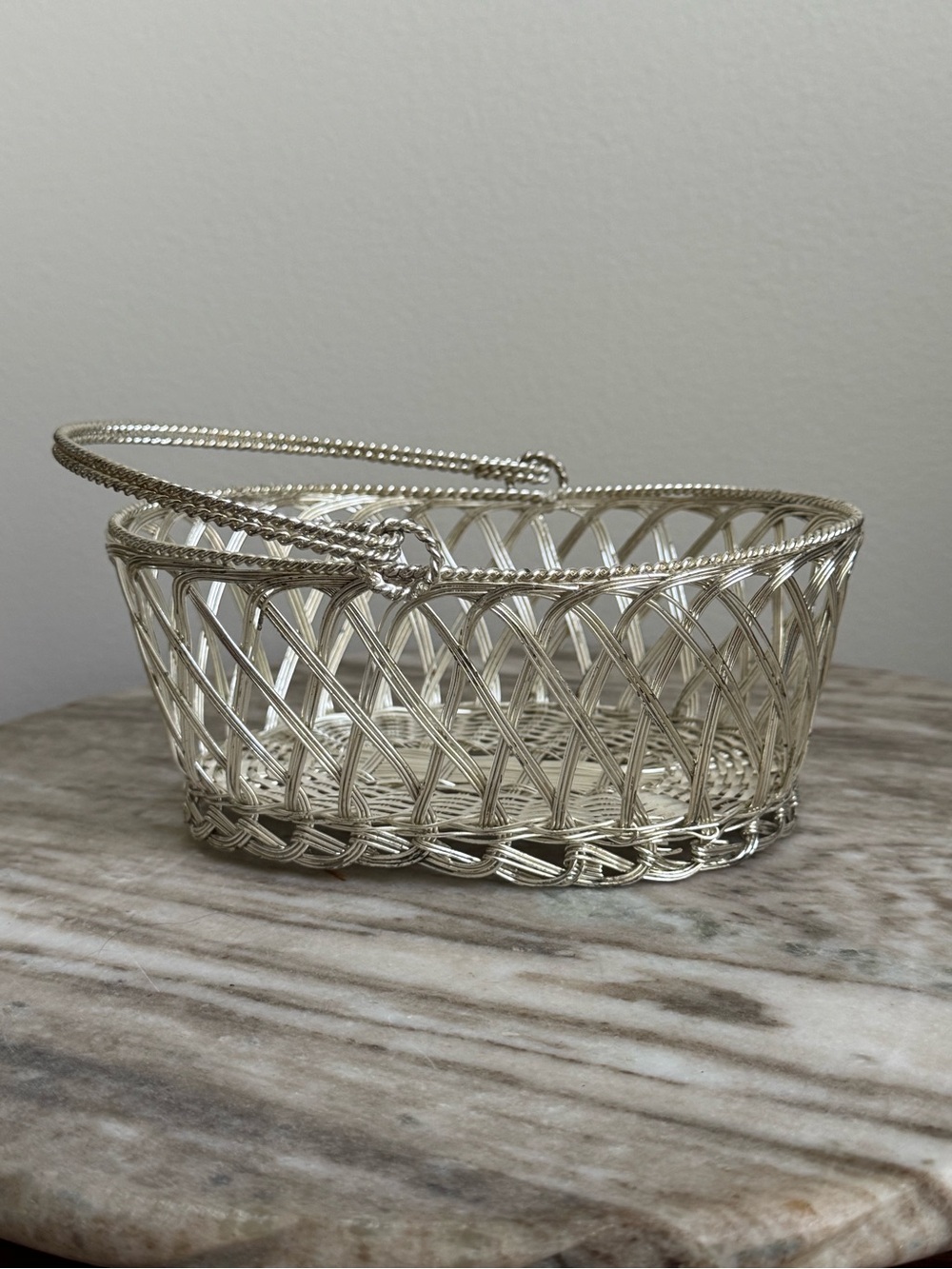 Vintage Silver Woven Metal Basket with Handle